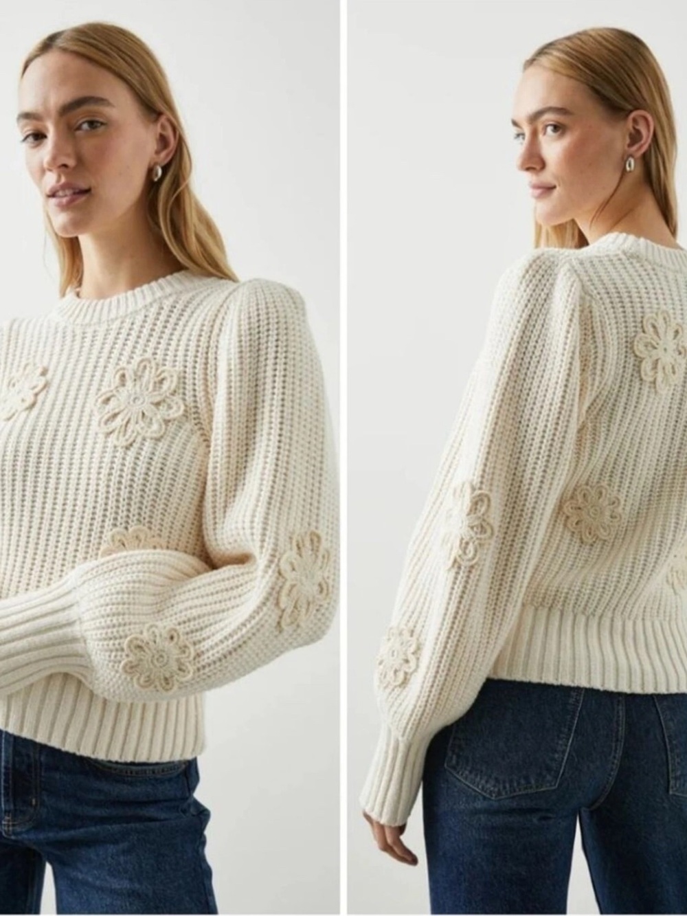 Rails Romy Cream Floral Daisy Applique Chunky Knit  Puff Sleeve Sweater XXS